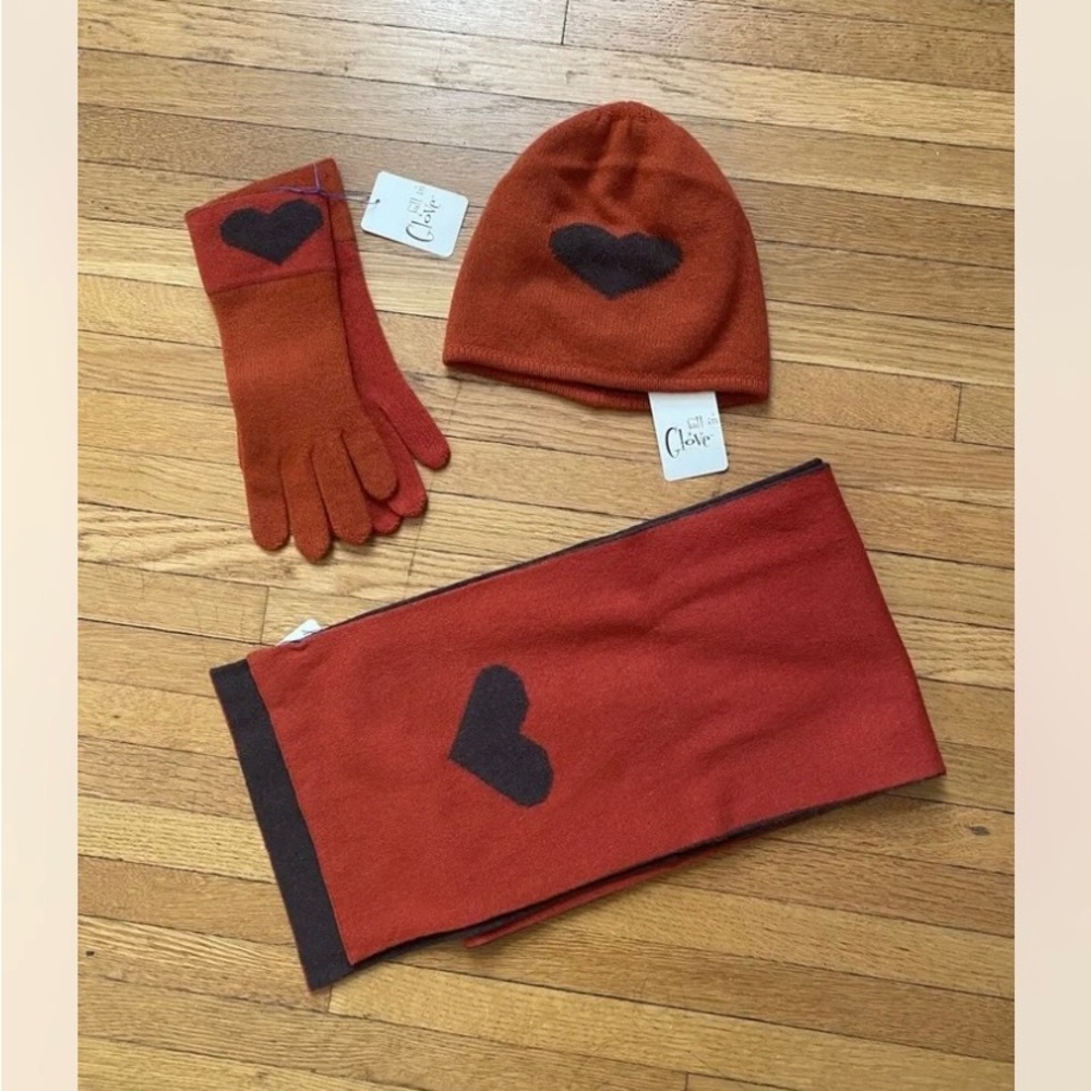 Portolano Woman’s  Wool & Angora Knit Set Hat Gloves Scarf  Cinnamon/Dark Brown